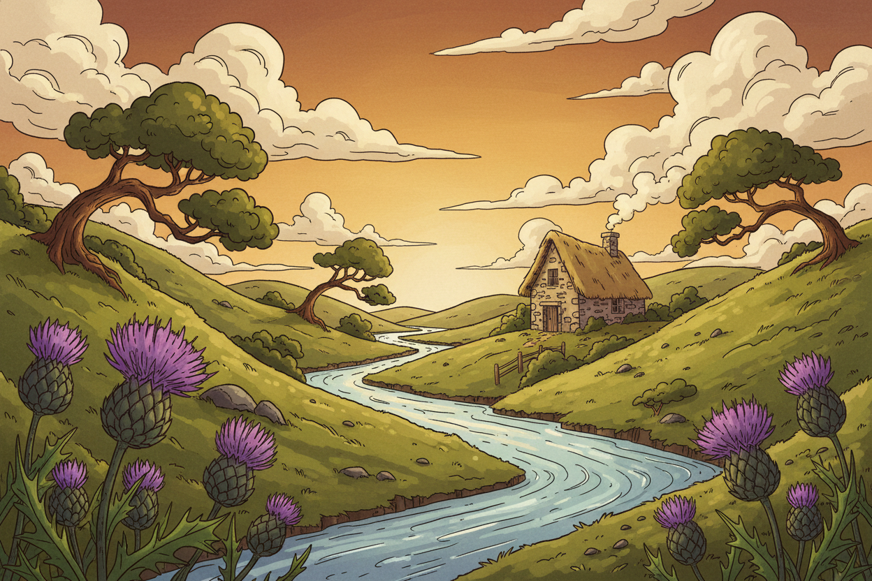 Whimsical Highland Cartoon Landscape